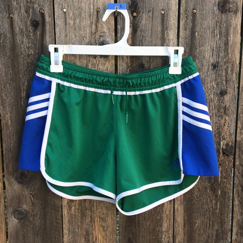 Adidas green and blue running shorts